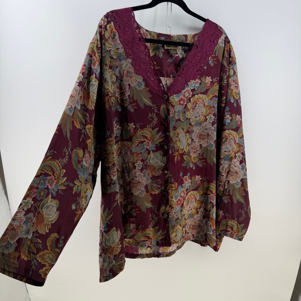 Solange Satin Pajama Top Womens 26/28 Burgundy Floral Lace V-Neck‎ Cottagecore